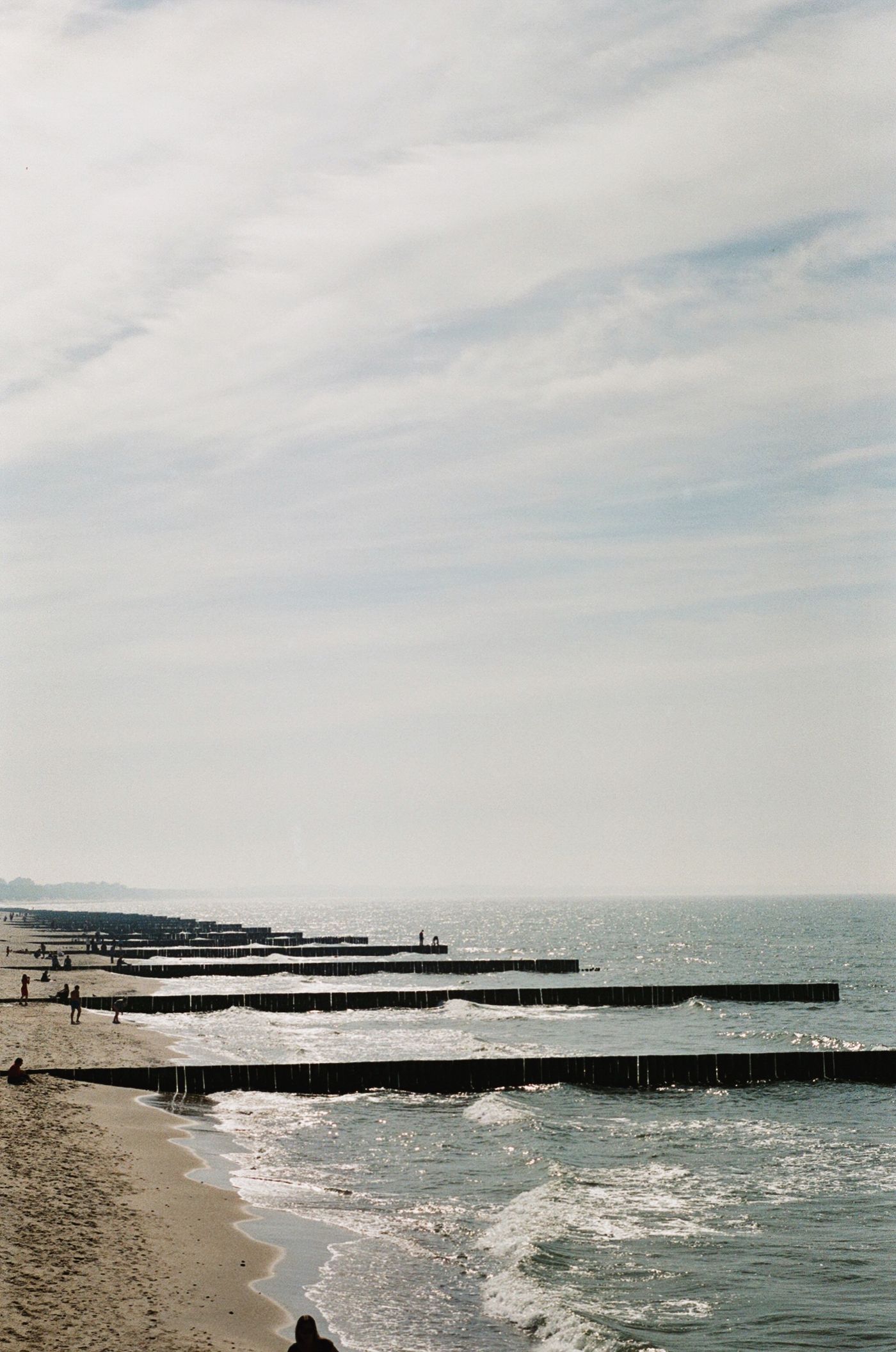 Holzbuhnen (Paalhoofden) am niederländischen Nordseestrand — charakteristisches Küstenbild